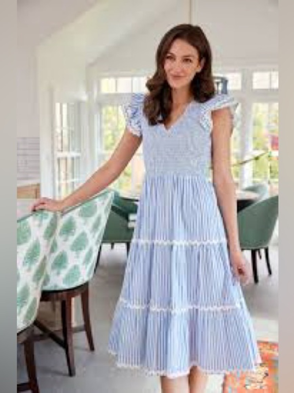 Sail to Sable Blue Stripe Flutter Sleeve Ric Rac Smocked Midi Dress - Small